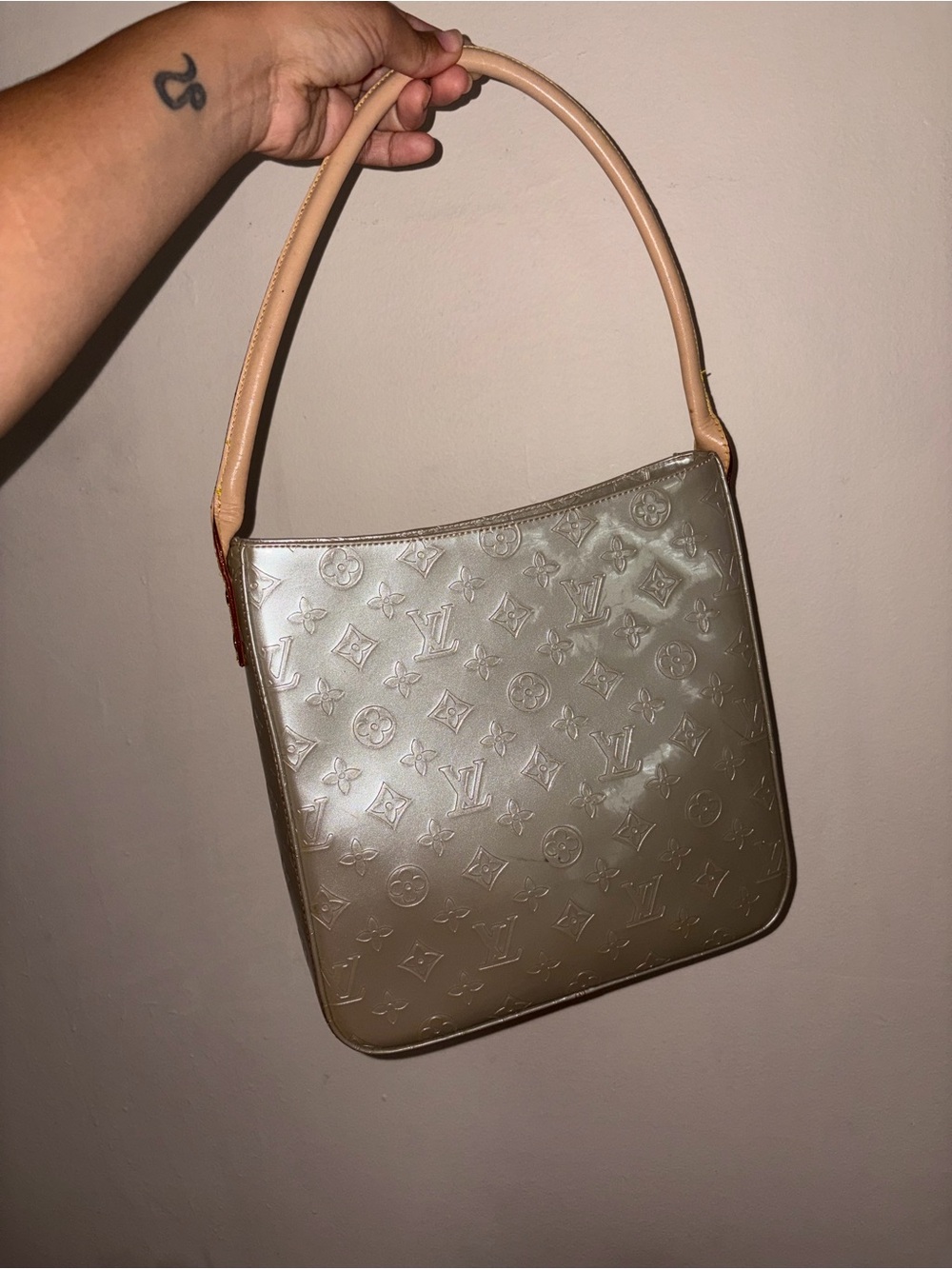 Louis Vuitton Shiny Monogram Shoulder Bag in Cream and Tan